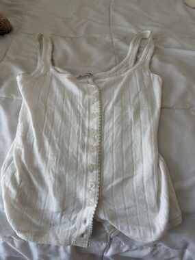 Free People White Ribbed Button-Front Tank Top